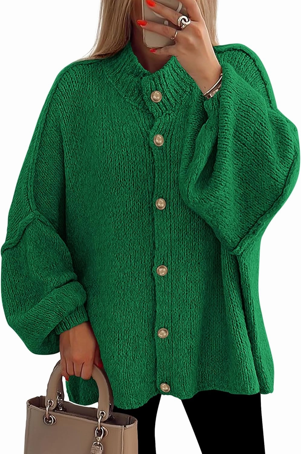 PRETTYGARDEN Women's Winter Button Down Cardigan Sweaters Mock Neck Lantern Long Sleeve Chunky Knit Jacket Trendy Outerwear