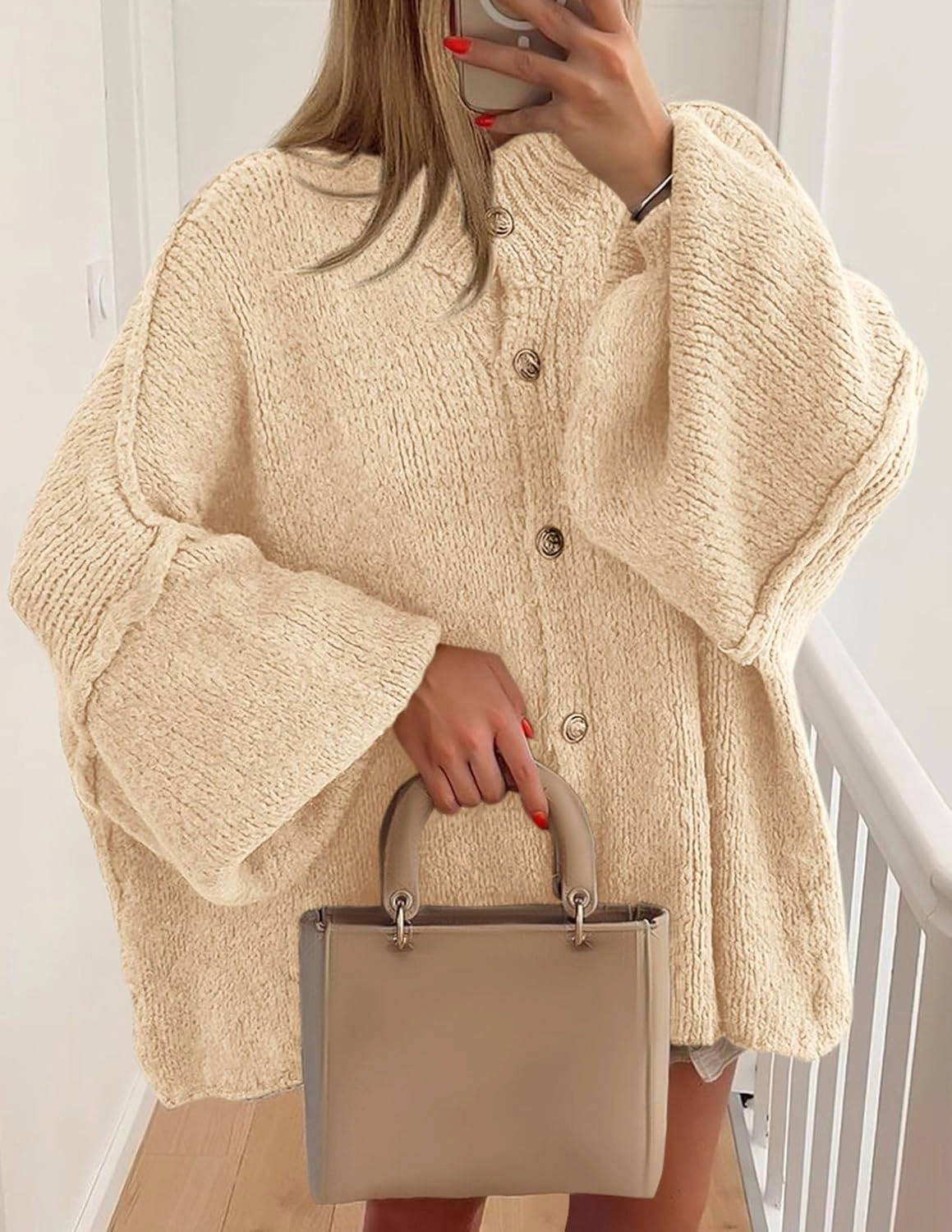 PRETTYGARDEN Women's Winter Button Down Cardigan Sweaters Mock Neck Lantern Long Sleeve Chunky Knit Jacket Trendy Outerwear