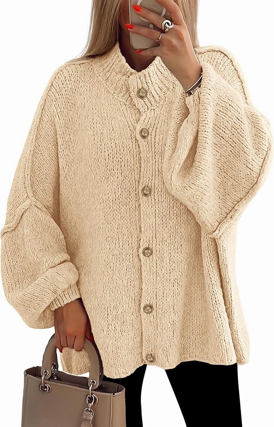 PRETTYGARDEN Women's Winter Button Down Cardigan Sweaters Mock Neck Lantern Long Sleeve Chunky Knit Jacket Trendy Outerwear