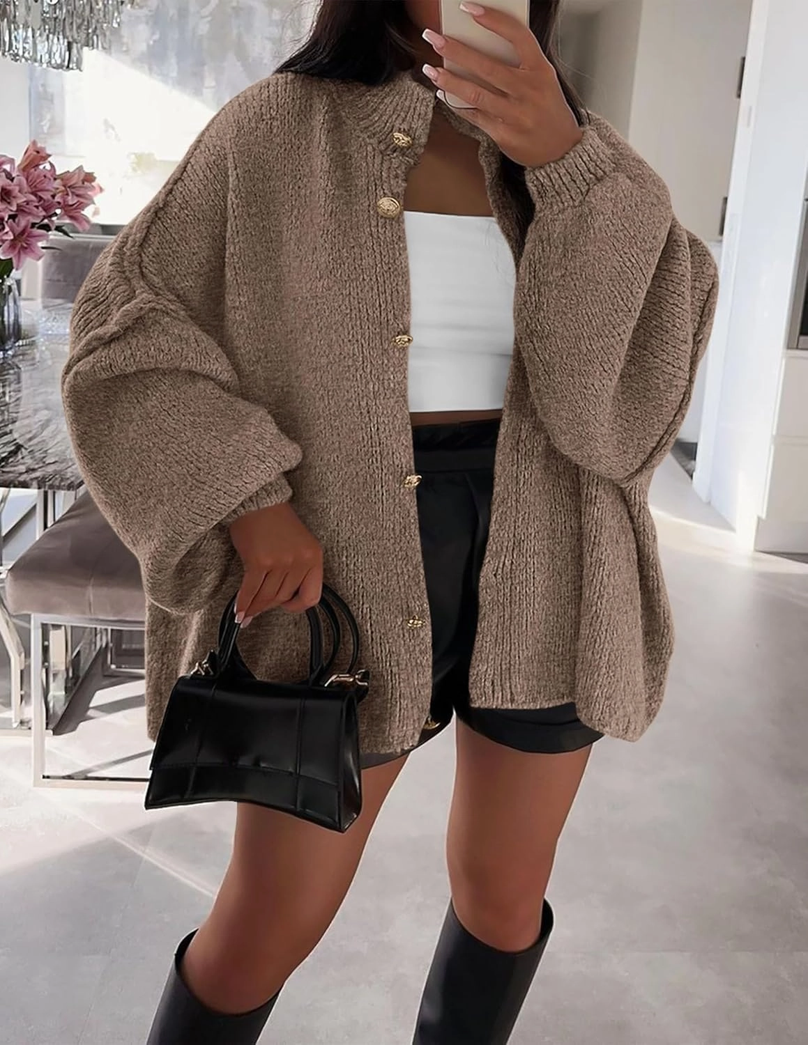 PRETTYGARDEN Women's Winter Button Down Cardigan Sweaters Mock Neck Lantern Long Sleeve Chunky Knit Jacket Trendy Outerwear
