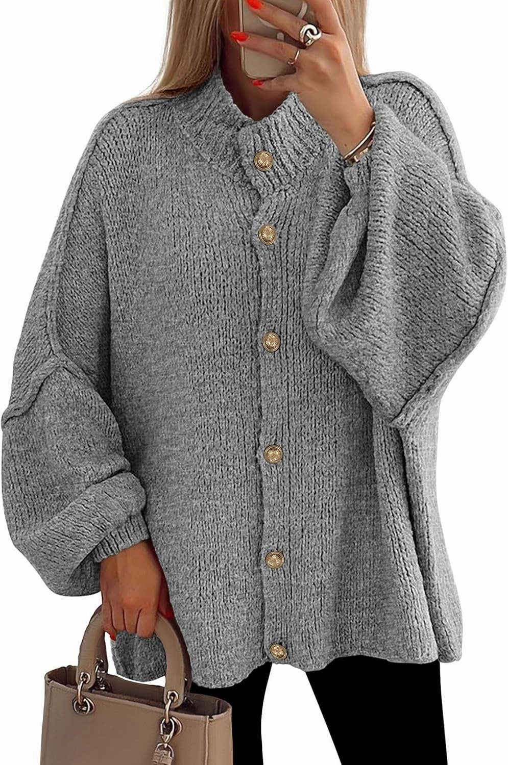 PRETTYGARDEN Women's Winter Button Down Cardigan Sweaters Mock Neck Lantern Long Sleeve Chunky Knit Jacket Trendy Outerwear