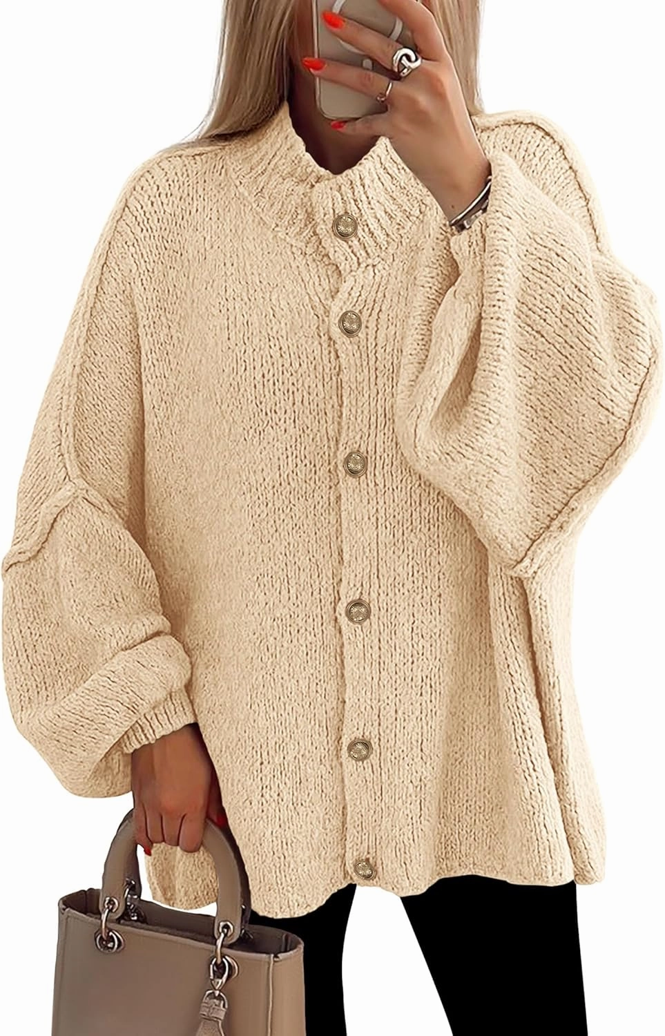 PRETTYGARDEN Women's Winter Button Down Cardigan Sweaters Mock Neck Lantern Long Sleeve Chunky Knit Jacket Trendy Outerwear
