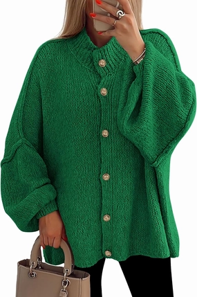 PRETTYGARDEN Women's Winter Button Down Cardigan Sweaters Mock Neck Lantern Long Sleeve Chunky Knit Jacket Trendy Outerwear