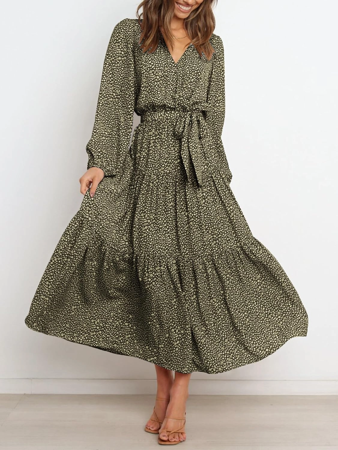 PRETTYGARDEN Womens Spring Long Sleeve Wrap V Neck Ruffle Floral Maxi Dress Casual Tie Waist Boho Chiffon Flowy Long Dresses