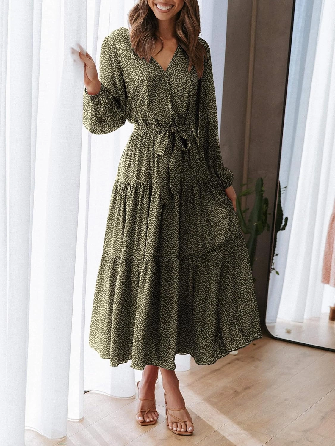 PRETTYGARDEN Womens Spring Long Sleeve Wrap V Neck Ruffle Floral Maxi Dress Casual Tie Waist Boho Chiffon Flowy Long Dresses
