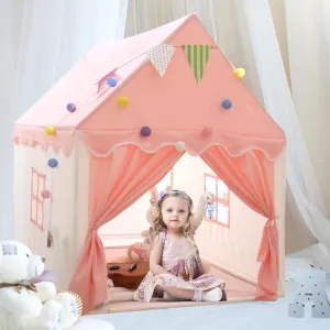 Princess Castle Play Tent for Kids, 100% Natural Fabric Extra Large Foldable Fairy Pink Tent for Girls, Playhouse with Lights and Flags for Children Indoor & Outdoor by WOOD CITY (52"x 40"x 47")