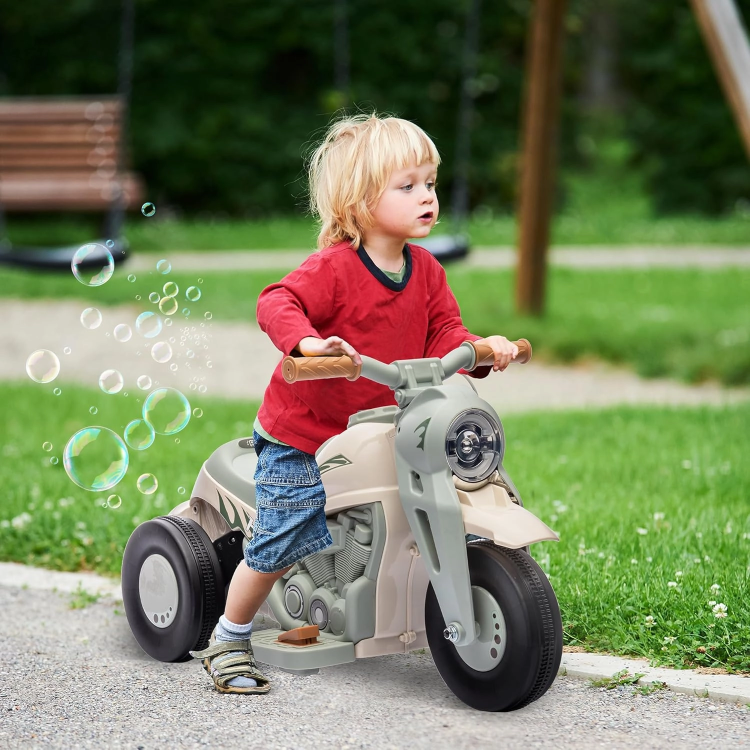 Qaba Ride on Bubble Car, 6V Kids Motorcycle, 3 Wheeled 2 MPH Electric Motorbike for Toddler with LED Headlight, Music, Forward & Reserve, Cream White