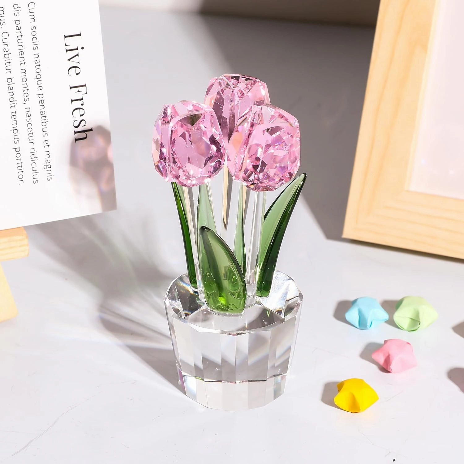 Qianwei Crystal Tulips Flowers Figurine Pink with Vase - Glass Flower Bouquet Collectible Figurines Crystal Office Home Decor Paperweight - Tulip Gifts for Women Mom Bestfriend Wedding Anniversary