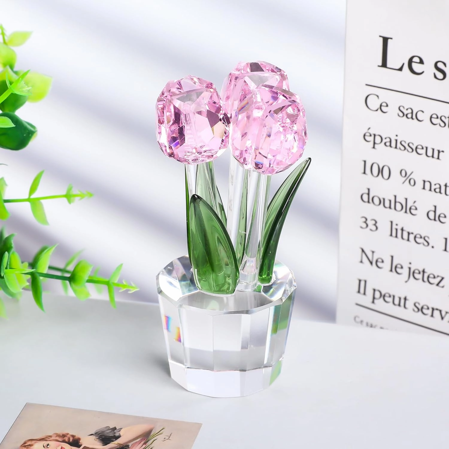 Qianwei Crystal Tulips Flowers Figurine Pink with Vase - Glass Flower Bouquet Collectible Figurines Crystal Office Home Decor Paperweight - Tulip Gifts for Women Mom Bestfriend Wedding Anniversary