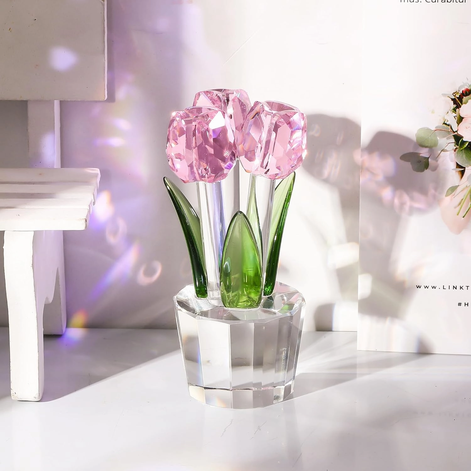Qianwei Crystal Tulips Flowers Figurine Pink with Vase - Glass Flower Bouquet Collectible Figurines Crystal Office Home Decor Paperweight - Tulip Gifts for Women Mom Bestfriend Wedding Anniversary