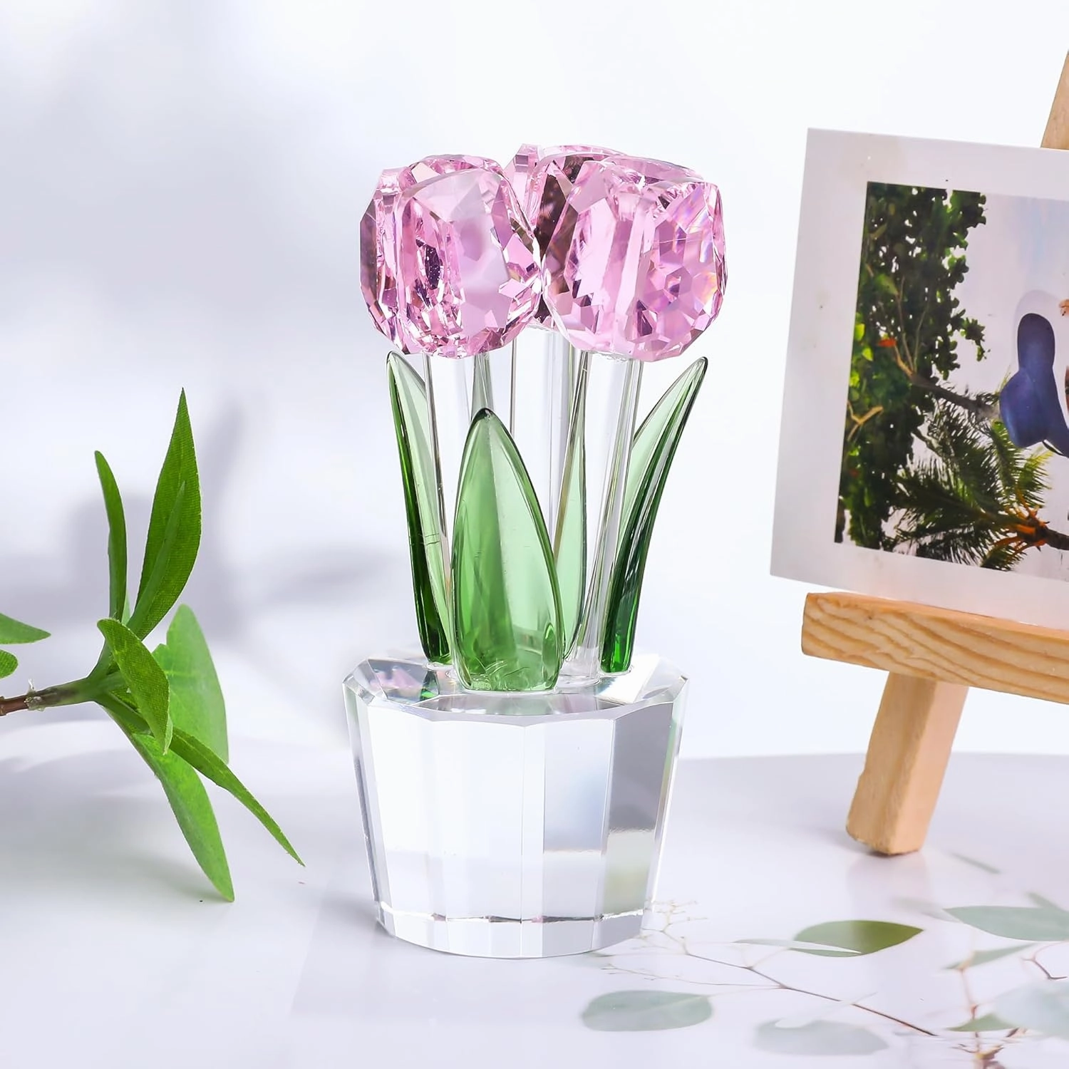 Qianwei Crystal Tulips Flowers Figurine Pink with Vase - Glass Flower Bouquet Collectible Figurines Crystal Office Home Decor Paperweight - Tulip Gifts for Women Mom Bestfriend Wedding Anniversary