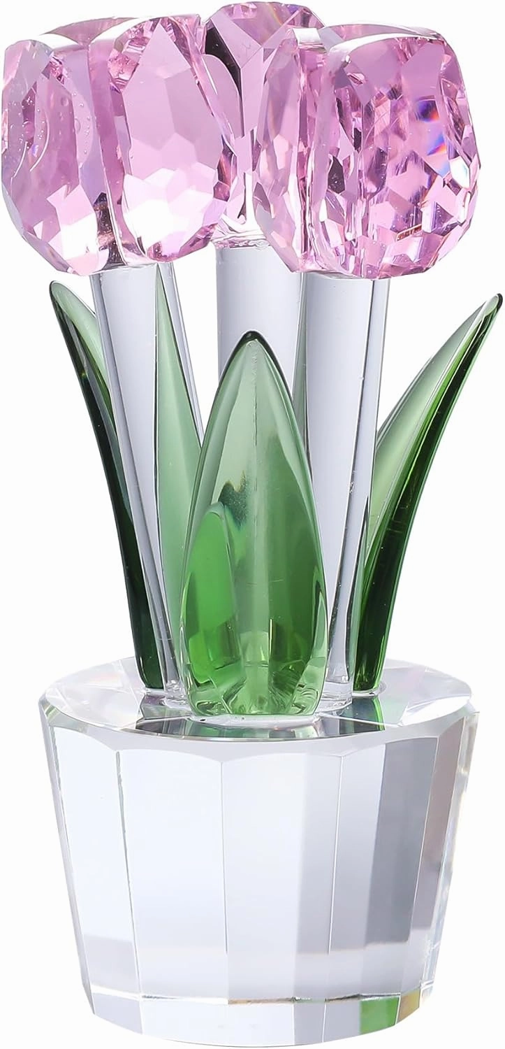 Qianwei Crystal Tulips Flowers Figurine Pink with Vase - Glass Flower Bouquet Collectible Figurines Crystal Office Home Decor Paperweight - Tulip Gifts for Women Mom Bestfriend Wedding Anniversary