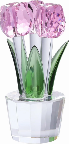 Qianwei Crystal Tulips Flowers Figurine Pink with Vase - Glass Flower Bouquet Collectible Figurines Crystal Office Home Decor Paperweight - Tulip Gifts for Women Mom Bestfriend Wedding Anniversary