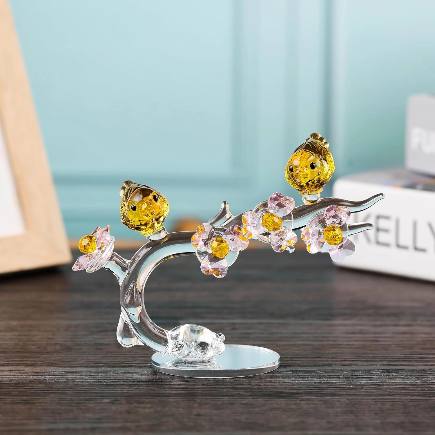 Qianwei Yellow Crystal Bird Figurine with Plum Blossom Collectible - Glass Animals Figurines Crystal Office Desk Table Home Decor Paperweight Handmade