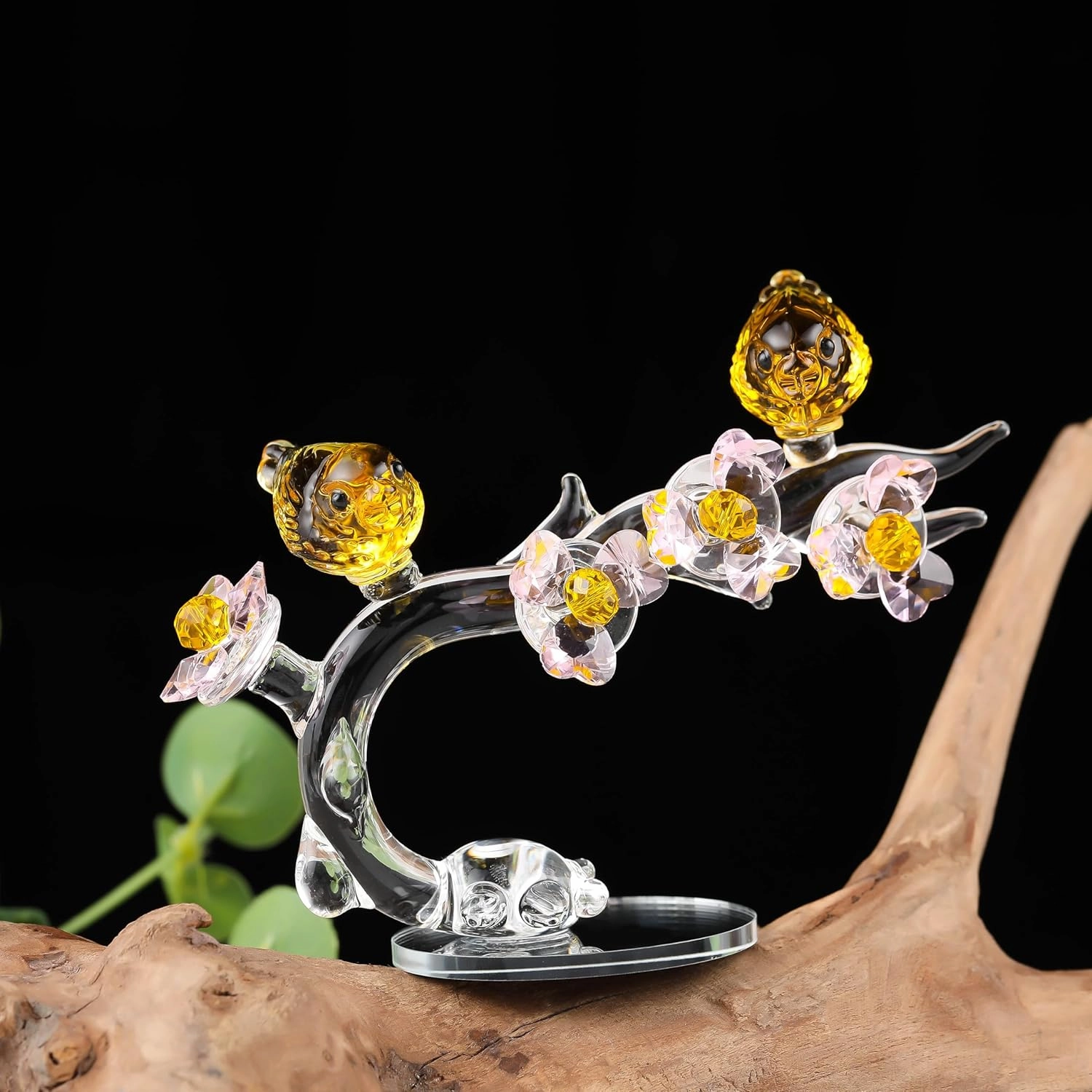 Qianwei Yellow Crystal Bird Figurine with Plum Blossom Collectible - Glass Animals Figurines Crystal Office Desk Table Home Decor Paperweight Handmade