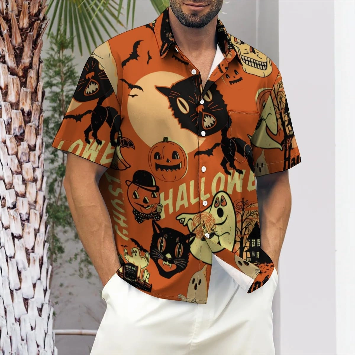 QIVICIMA Mens Halloween Christmas Shirts Funky Button Down Shirts Party Aloha Shirts Santa Print Hawaiian Shirt Tops