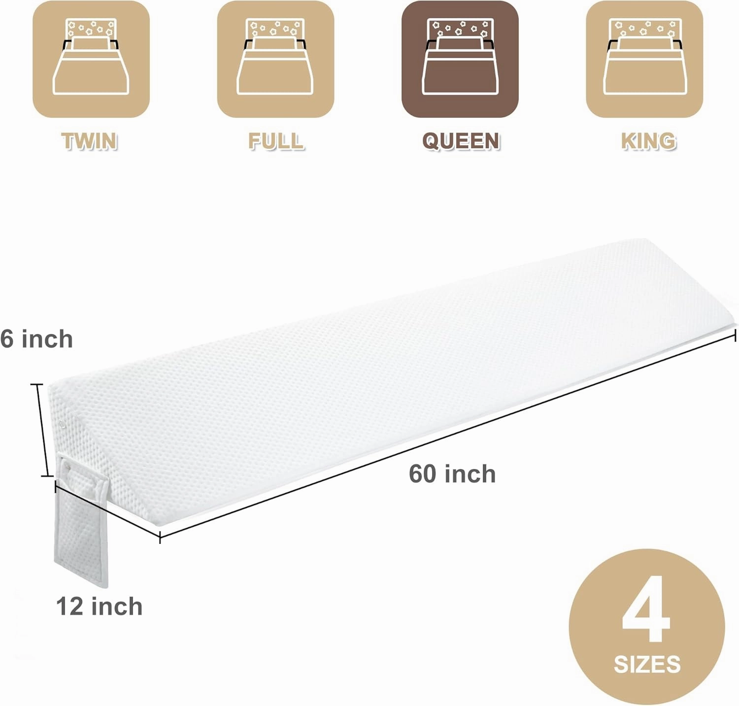 Queen Size(60"x6"x10") Bed Wedge Pillow for Headboard, Mattress Gap Filler(0-8"), Bed Wedge for Gap Between Your Headboard and Mattress White