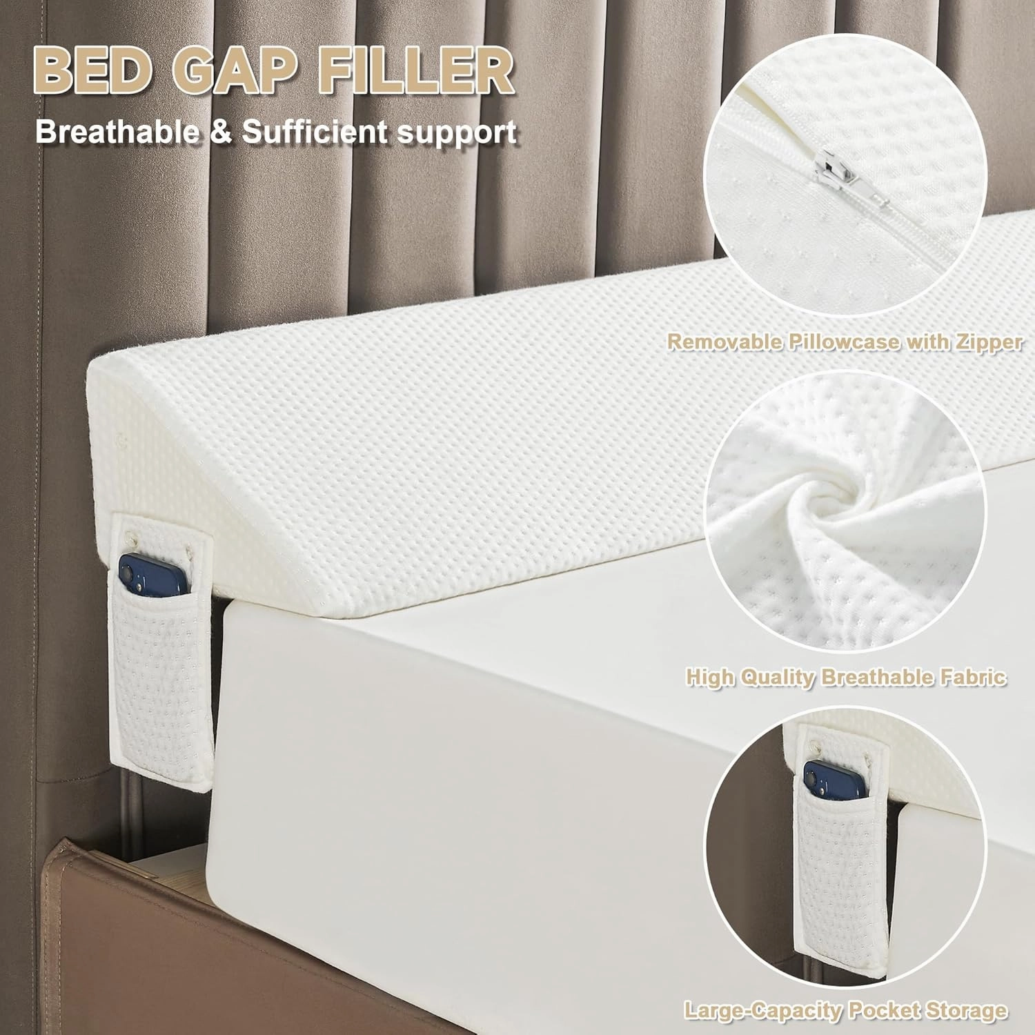 Queen Size(60"x6"x10") Bed Wedge Pillow for Headboard, Mattress Gap Filler(0-8"), Bed Wedge for Gap Between Your Headboard and Mattress White