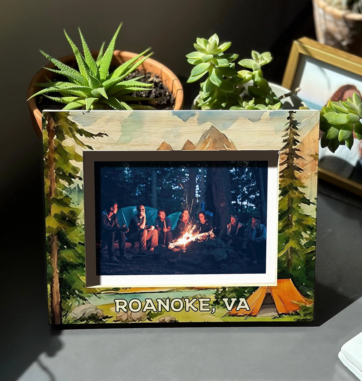 R and R Imports David City Nebraska Souvenir Wooden Photo Frame Camping Tent Design Vertical