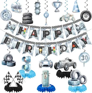 Racing Car Party Decorations Watercolr Racing Car Birthday Party Decor Supplies Includes Happy Birthday Banner Hanging Swirls Honeycomb Centerpiece for Vintage Blue Racing Car Baby Shower Decorations