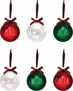 Rae Dunn Christmas Ornaments - Set of 6 Glass Balls - Red, Green, Clear - Peace, Love, Joy, Hope, Wish, Nice - 60mm / 2.36 Inch Hanging Holiday Decorations for Xmas Tree