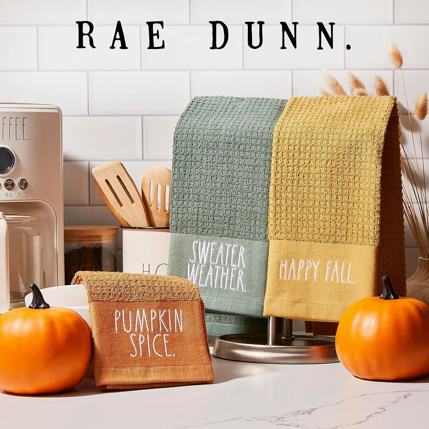 Rae Dunn Set of Hand Towels for Kitchen and Bathroom, 100% Cotton, Embroidered Dish Towels, Decorative Hand Towels, Sweater Weather, 3 Pack