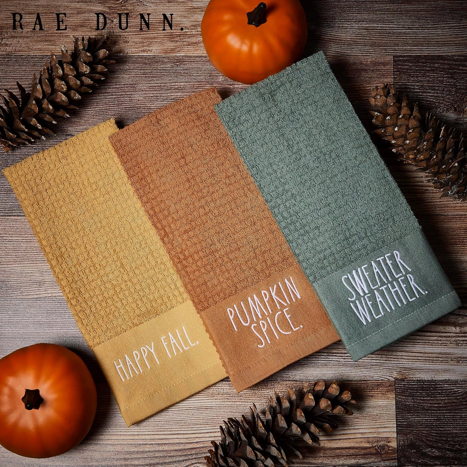 Rae Dunn Set of Hand Towels for Kitchen and Bathroom, 100% Cotton, Embroidered Dish Towels, Decorative Hand Towels, Sweater Weather, 3 Pack