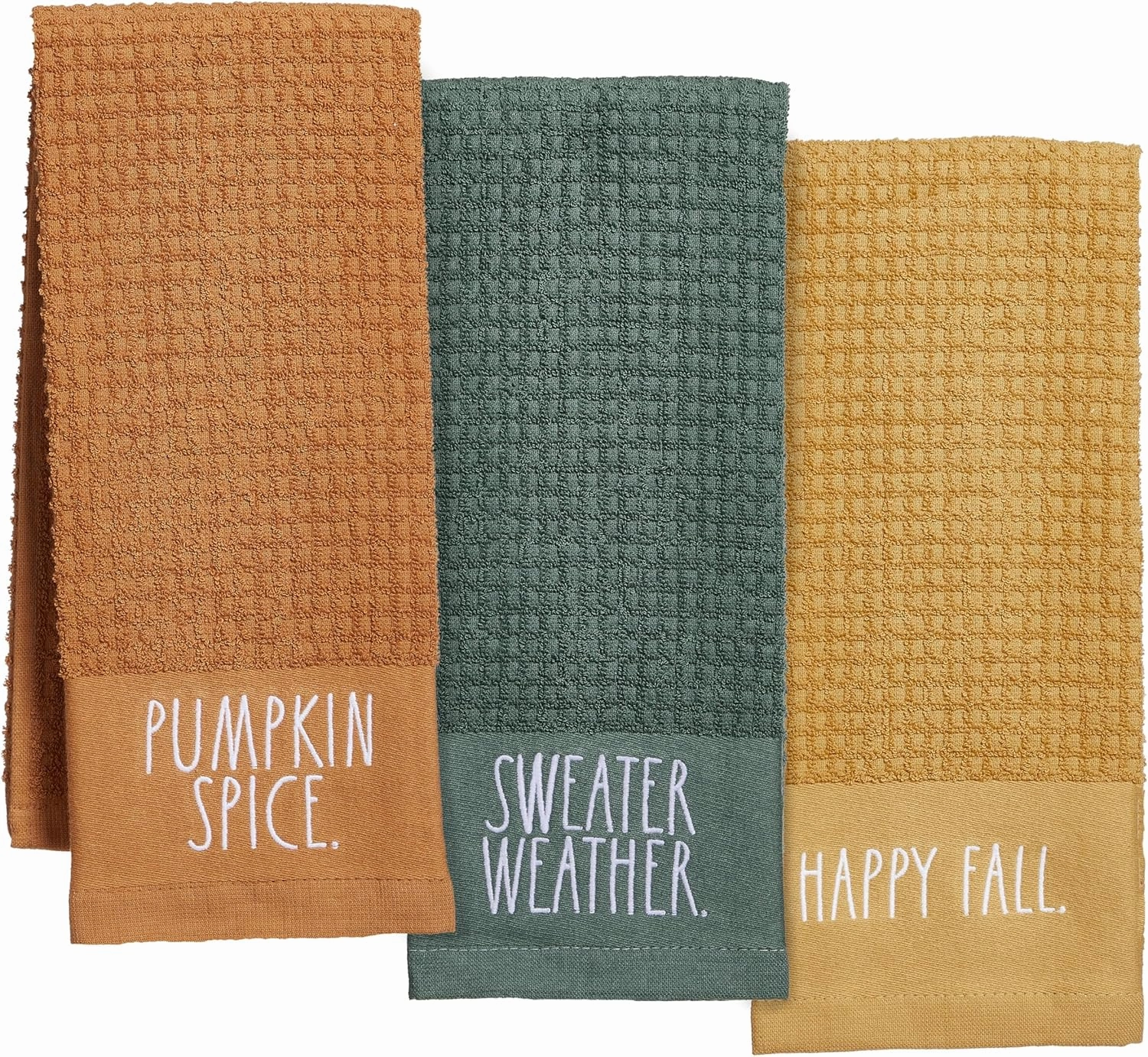 Rae Dunn Set of Hand Towels for Kitchen and Bathroom, 100% Cotton, Embroidered Dish Towels, Decorative Hand Towels, Sweater Weather, 3 Pack
