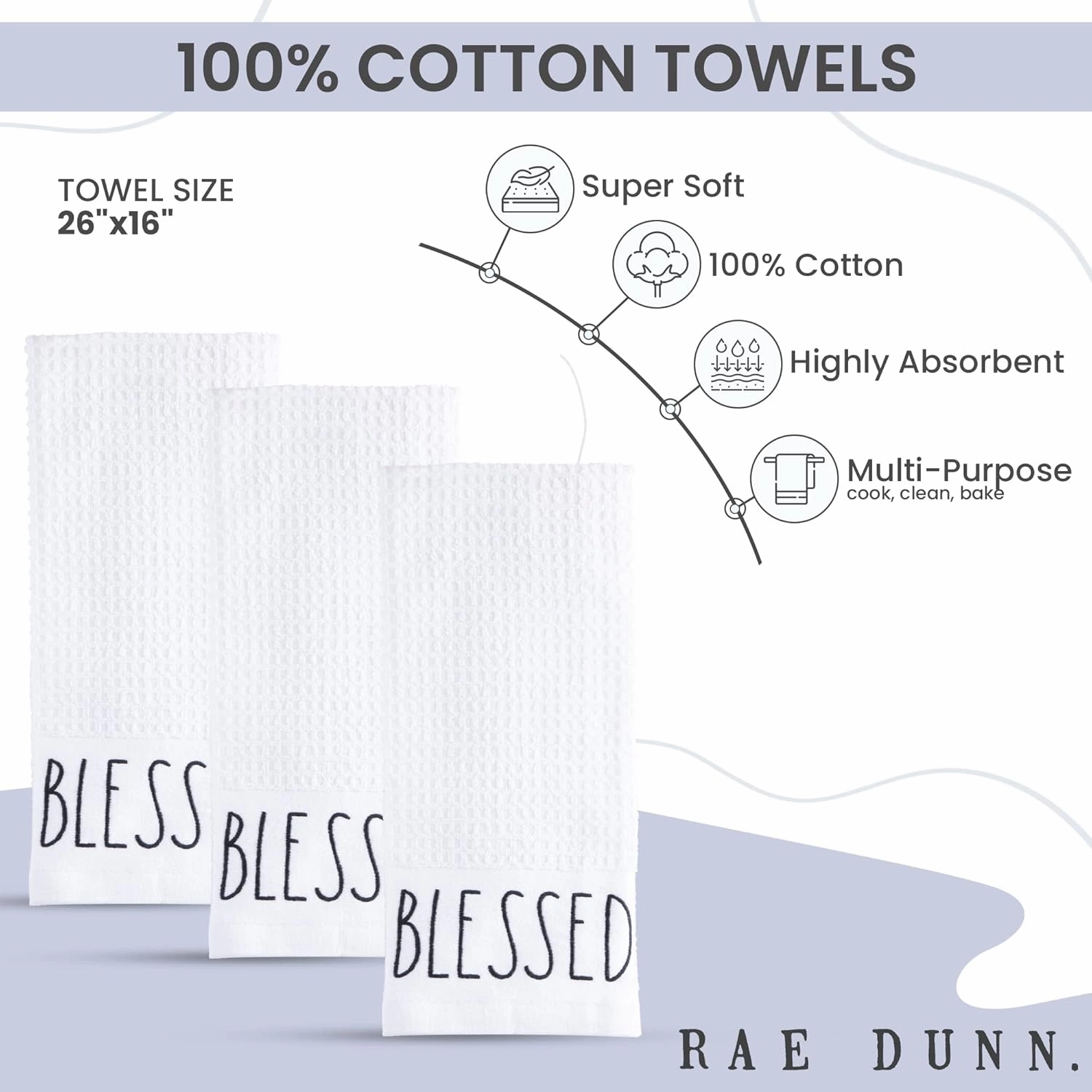 Rae Dunn Set of Hand Towels for Kitchen and Bathroom, 100% Cotton, Embroidered Dish Towels, Decorative Hand Towels, White- Blessed, 3 Pack