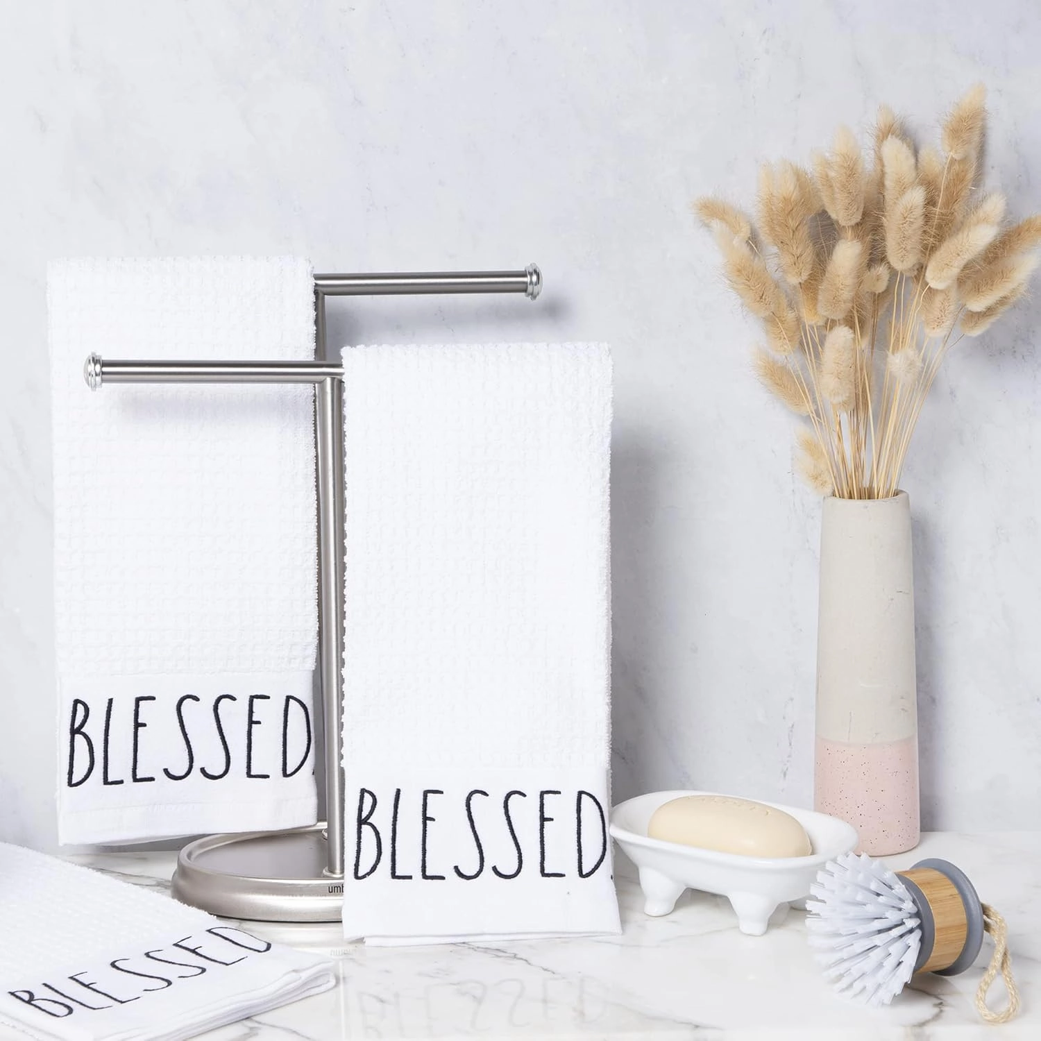 Rae Dunn Set of Hand Towels for Kitchen and Bathroom, 100% Cotton, Embroidered Dish Towels, Decorative Hand Towels, White- Blessed, 3 Pack