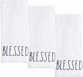 Rae Dunn Set of Hand Towels for Kitchen and Bathroom, 100% Cotton, Embroidered Dish Towels, Decorative Hand Towels, White- Blessed, 3 Pack