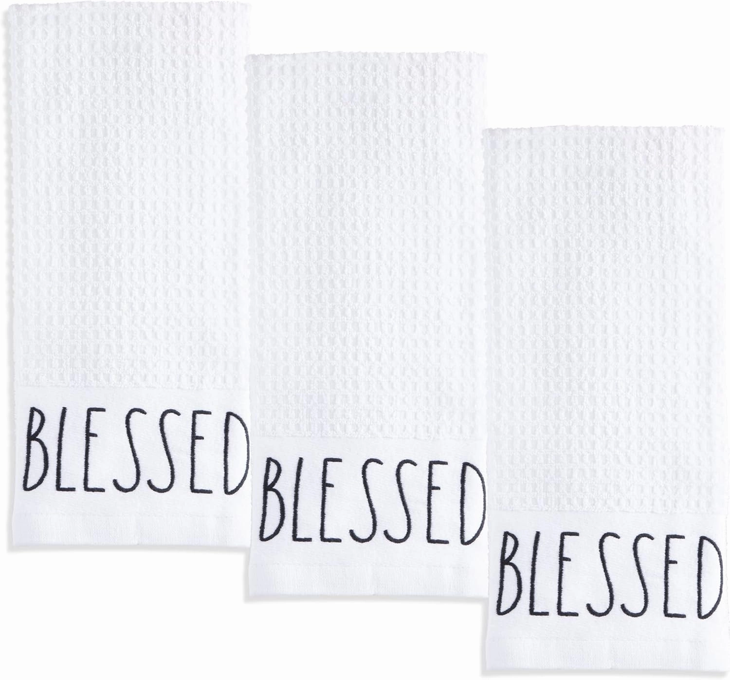 Rae Dunn Set of Hand Towels for Kitchen and Bathroom, 100% Cotton, Embroidered Dish Towels, Decorative Hand Towels, White- Blessed, 3 Pack