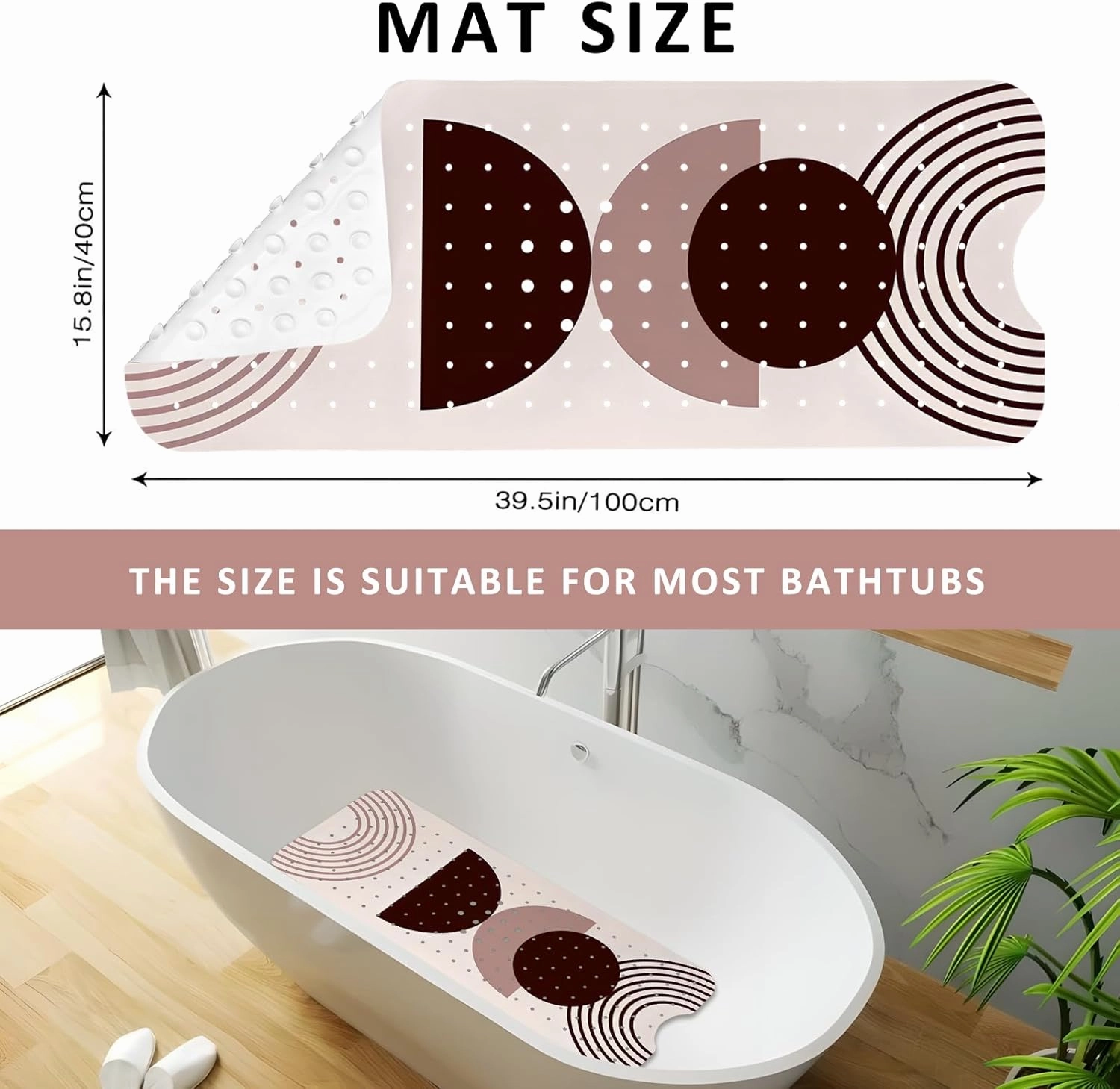 Rainbow Bathtub Mat Non Slip, Baby Bath Mat for Tub Rubber Tub Mat, Kids Bath Mats for Bathroom Modern Abstract Anti Slip Shower Mat with Suction and Drain Holes Machine Washable, 39.5″X15.8″