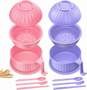 Ramen Bowl with Handles, 2 Set Wheat Fiber Ramen Cooker Microwave with Strainer, 34oz Noodle Bowl with Pot Mat Spoon Chopsticks Fork for Home, School, Office, Dorm, Picnic or Gift