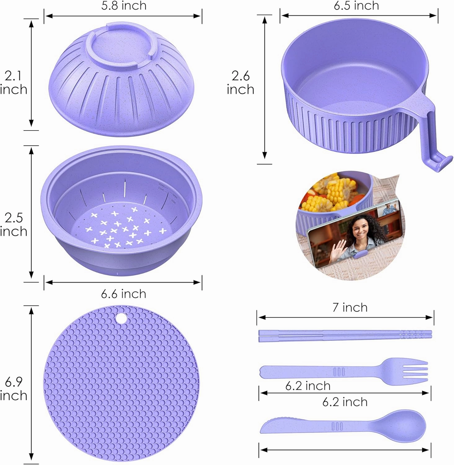 Ramen Bowl with Handles, 2 Set Wheat Fiber Ramen Cooker Microwave with Strainer, 34oz Noodle Bowl with Pot Mat Spoon Chopsticks Fork for Home, School, Office, Dorm, Picnic or Gift