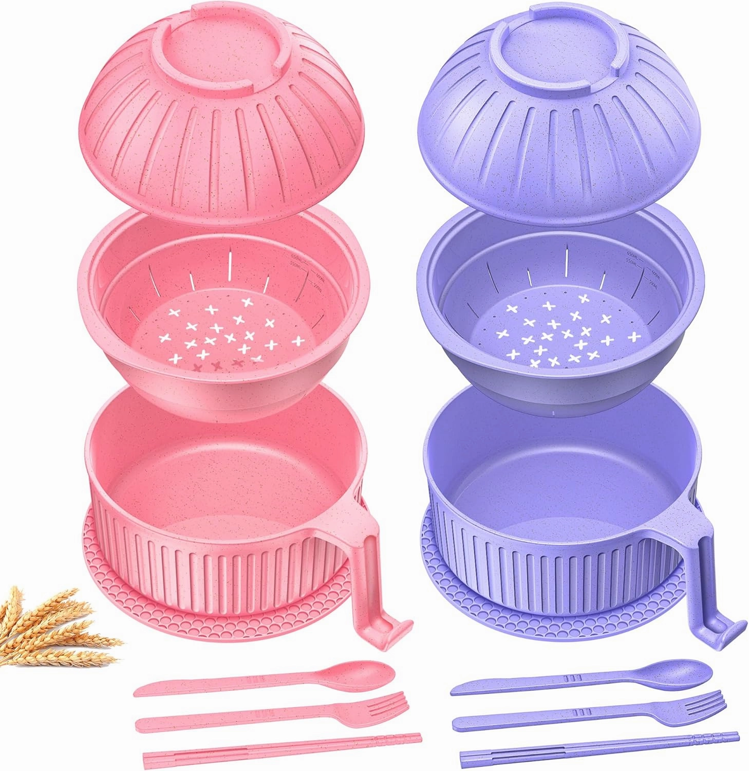 Ramen Bowl with Handles, 2 Set Wheat Fiber Ramen Cooker Microwave with Strainer, 34oz Noodle Bowl with Pot Mat Spoon Chopsticks Fork for Home, School, Office, Dorm, Picnic or Gift