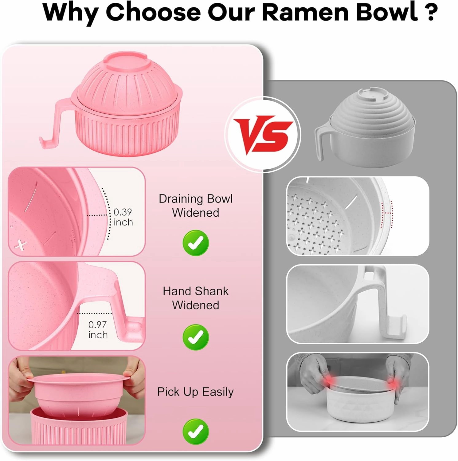 Ramen Bowl with Handles, 2 Set Wheat Fiber Ramen Cooker Microwave with Strainer, 34oz Noodle Bowl with Pot Mat Spoon Chopsticks Fork for Home, School, Office, Dorm, Picnic or Gift