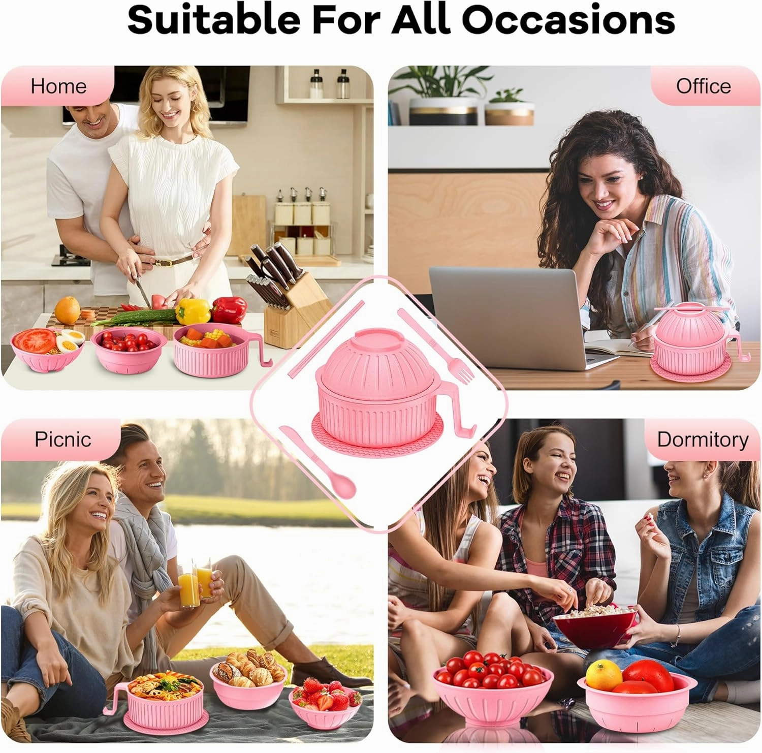 Ramen Bowl with Handles, 2 Set Wheat Fiber Ramen Cooker Microwave with Strainer, 34oz Noodle Bowl with Pot Mat Spoon Chopsticks Fork for Home, School, Office, Dorm, Picnic or Gift