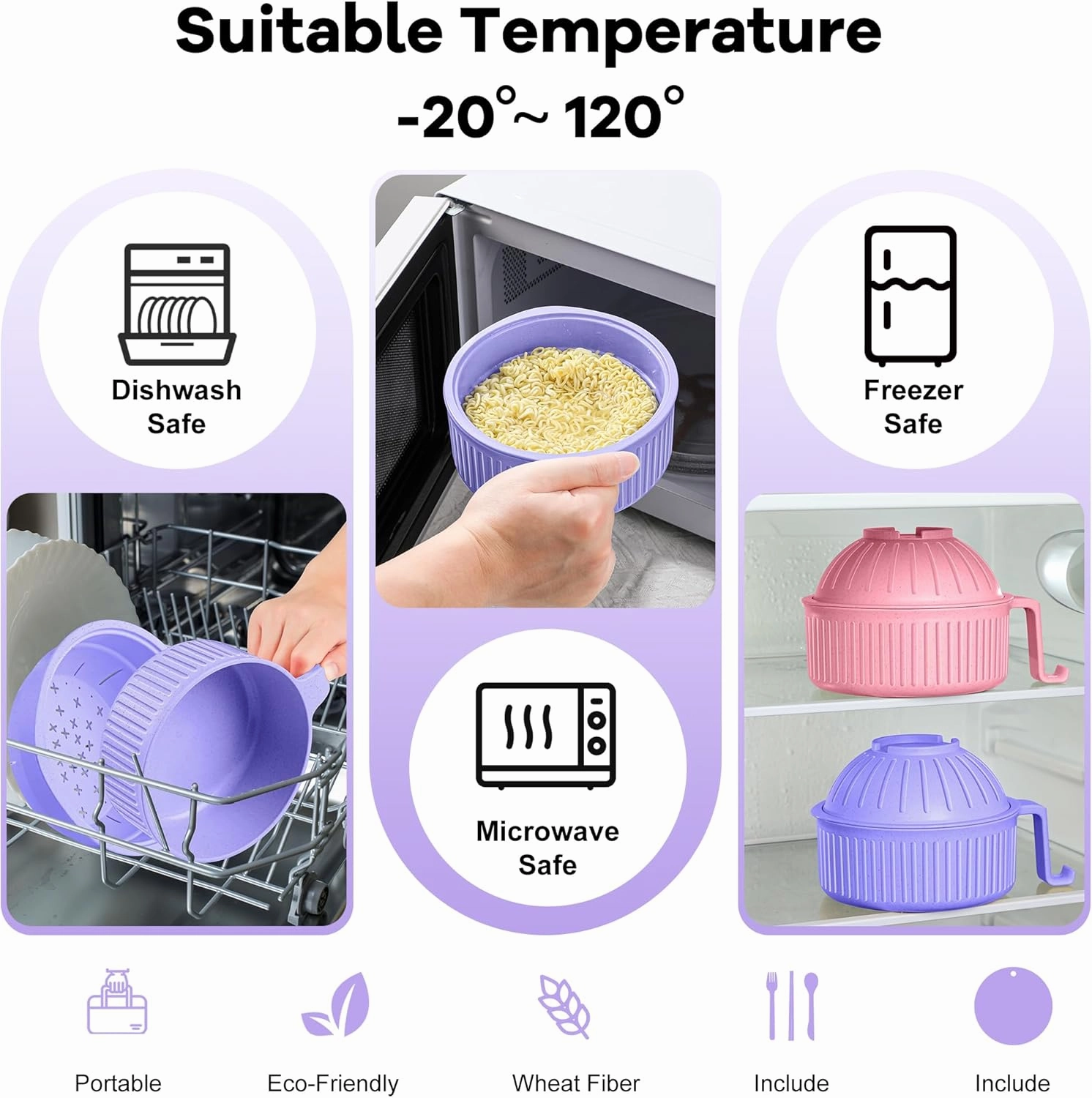 Ramen Bowl with Handles, 2 Set Wheat Fiber Ramen Cooker Microwave with Strainer, 34oz Noodle Bowl with Pot Mat Spoon Chopsticks Fork for Home, School, Office, Dorm, Picnic or Gift