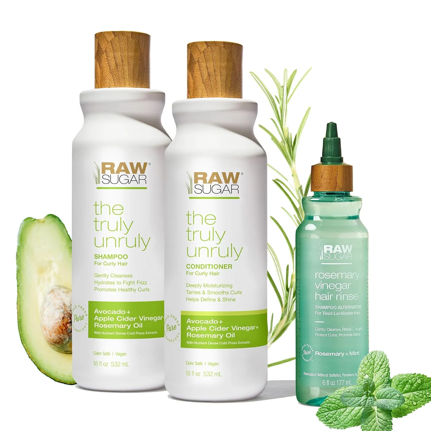 Raw Sugar The Truly Unruly Shampoo and Conditioner Set and Rosemary Vinegar Hair Rinse (3 Products) Gently Cleanses, Defines Curls & Boosts Shine, A Cleansing, Smoothing Haircare Bundle