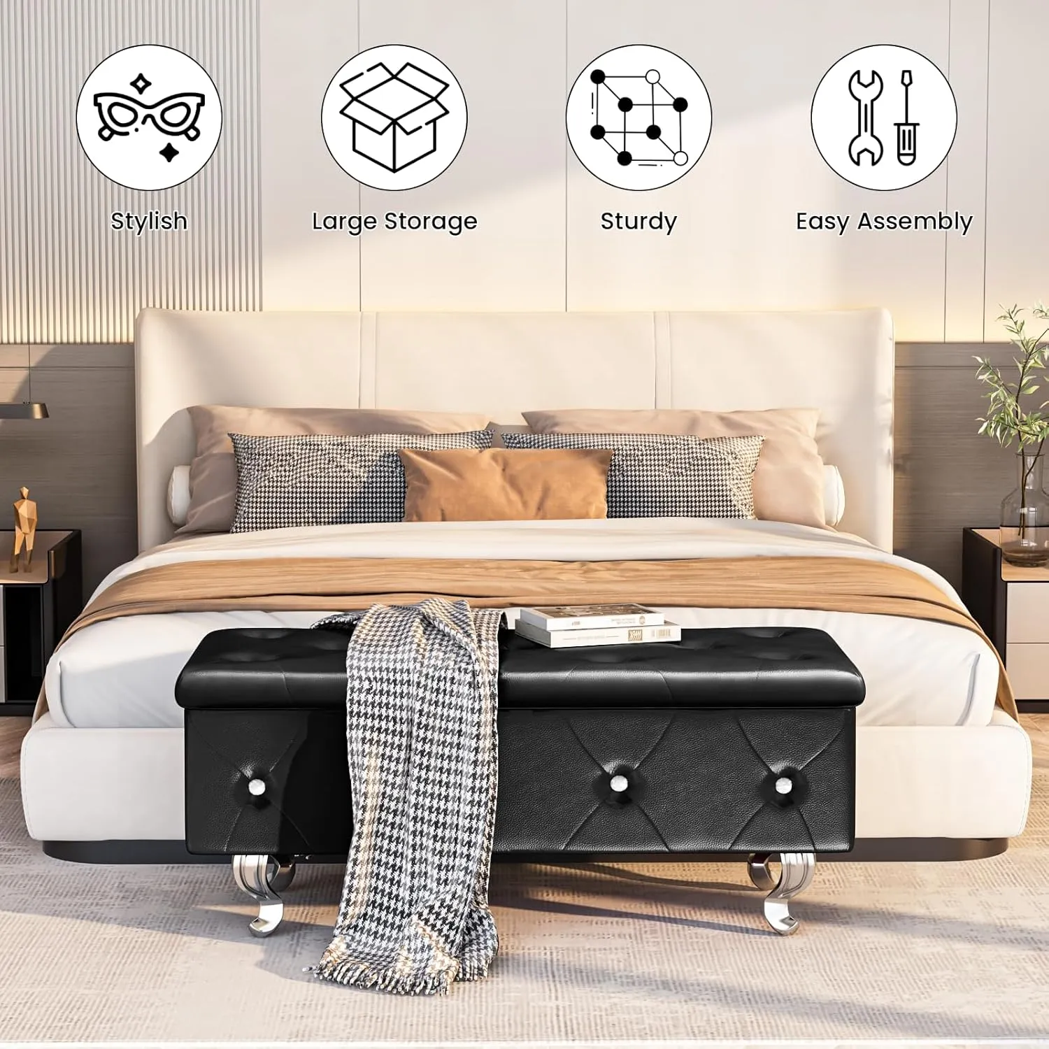 Recaceik Ottoman with Storage, Leather Bench for Bedroom, Living Room, Entryway, Window, Black