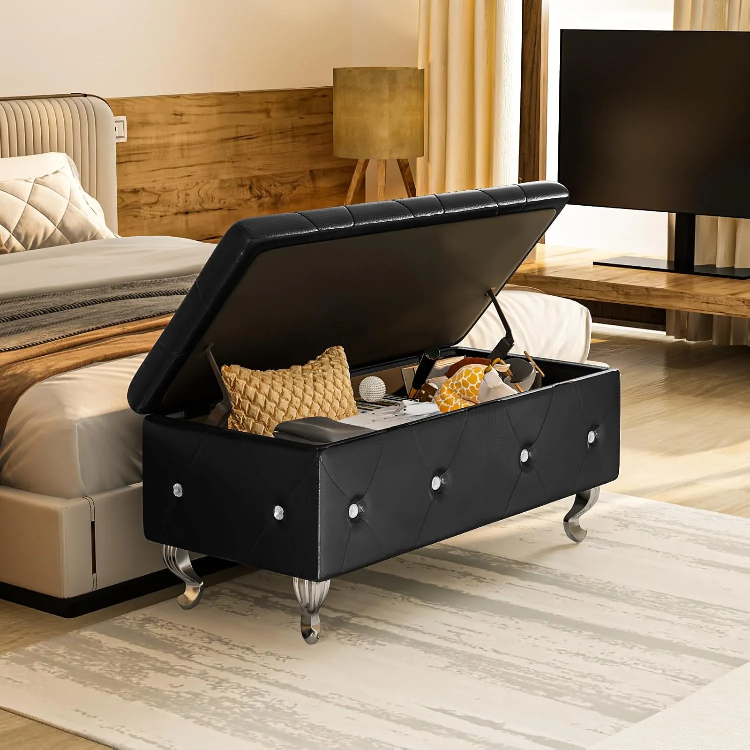 Recaceik Ottoman with Storage, Leather Bench for Bedroom, Living Room, Entryway, Window, Black