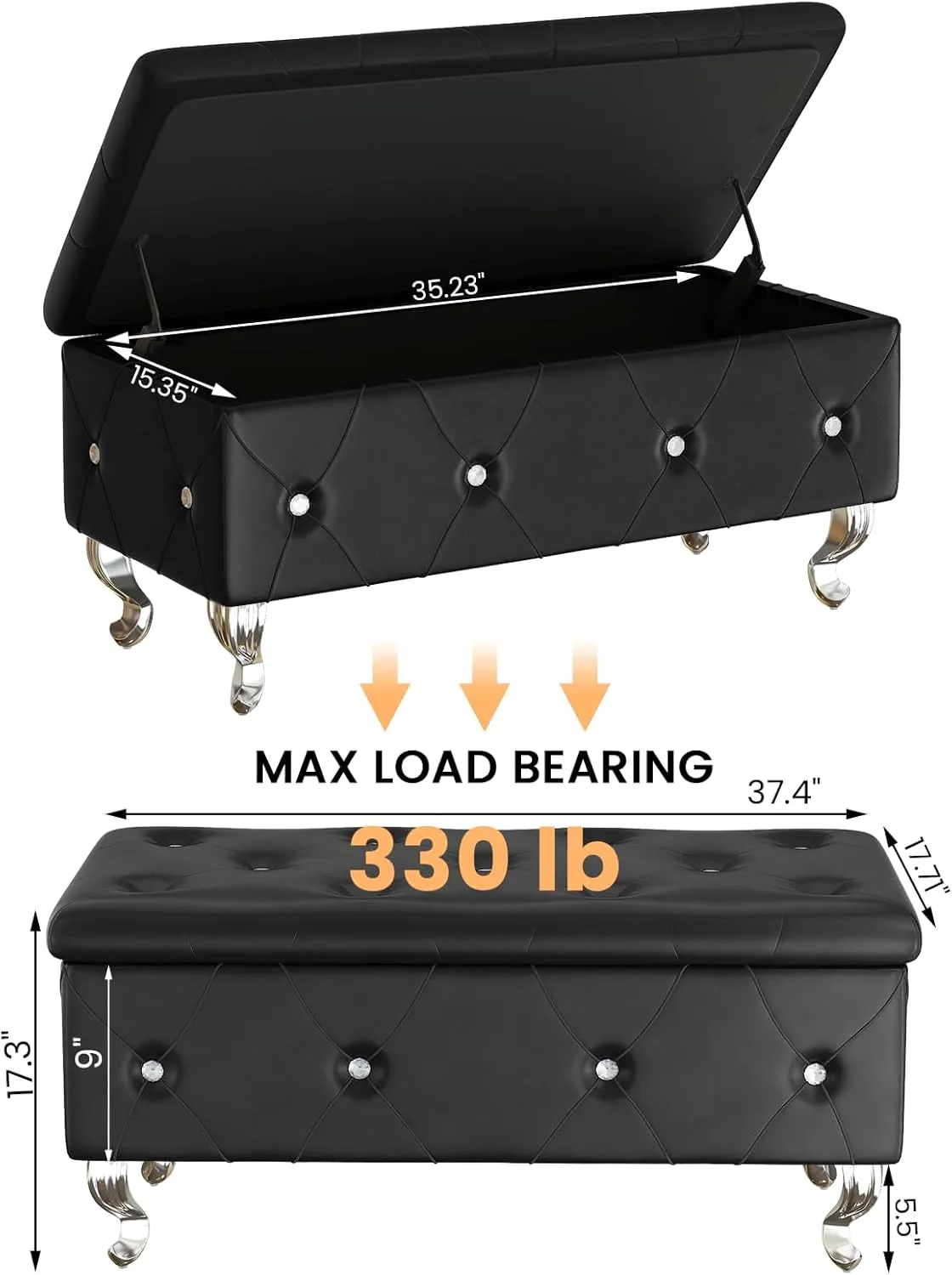 Recaceik Ottoman with Storage, Leather Bench for Bedroom, Living Room, Entryway, Window, Black