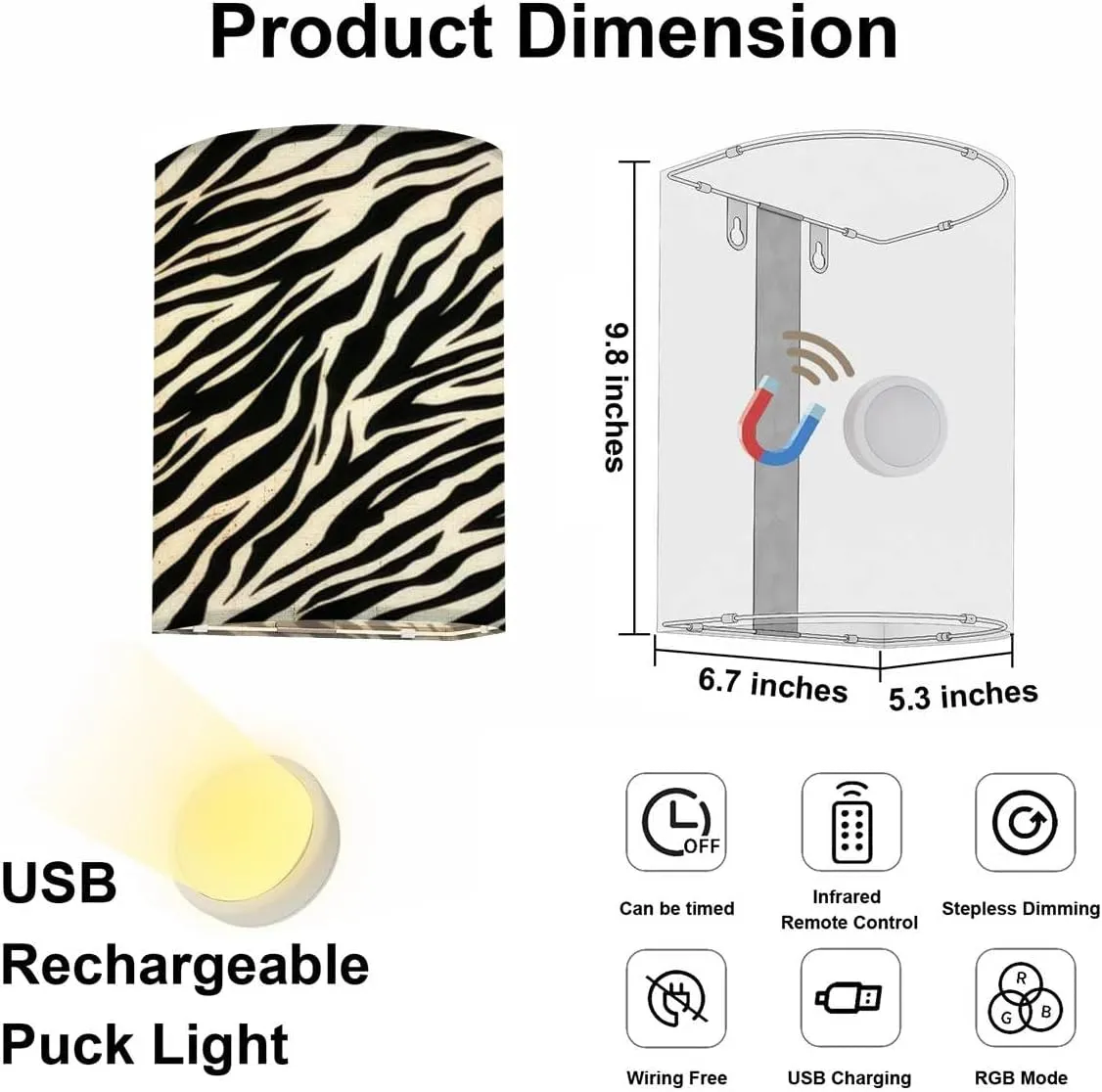 Rechargeable Sconces Set of Two Zebra seamless Black white zebra stripes zoo fabric animal skin Adjustable Brightness Fabric Wall Lamps Wireless Lights Fixtures for Bedroom Living Room Hallway
