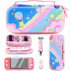 RHOTALL Pink 6 in 1 Carrying Case for Nintendo Switch Lite 2019,Anime Design Shockproof Portable Travel Bag,Soft Slim Protective Cover,Screen Protector, Adjustable Strap,2 Thumb Grips,Rainbow of kirby