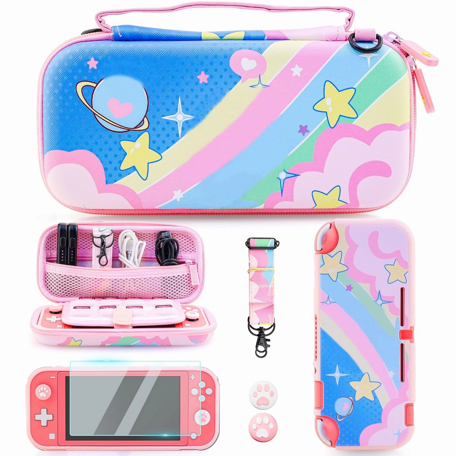 RHOTALL Pink 6 in 1 Carrying Case for Nintendo Switch Lite 2019,Anime Design Shockproof Portable Travel Bag,Soft Slim Protective Cover,Screen Protector, Adjustable Strap,2 Thumb Grips,Rainbow of kirby