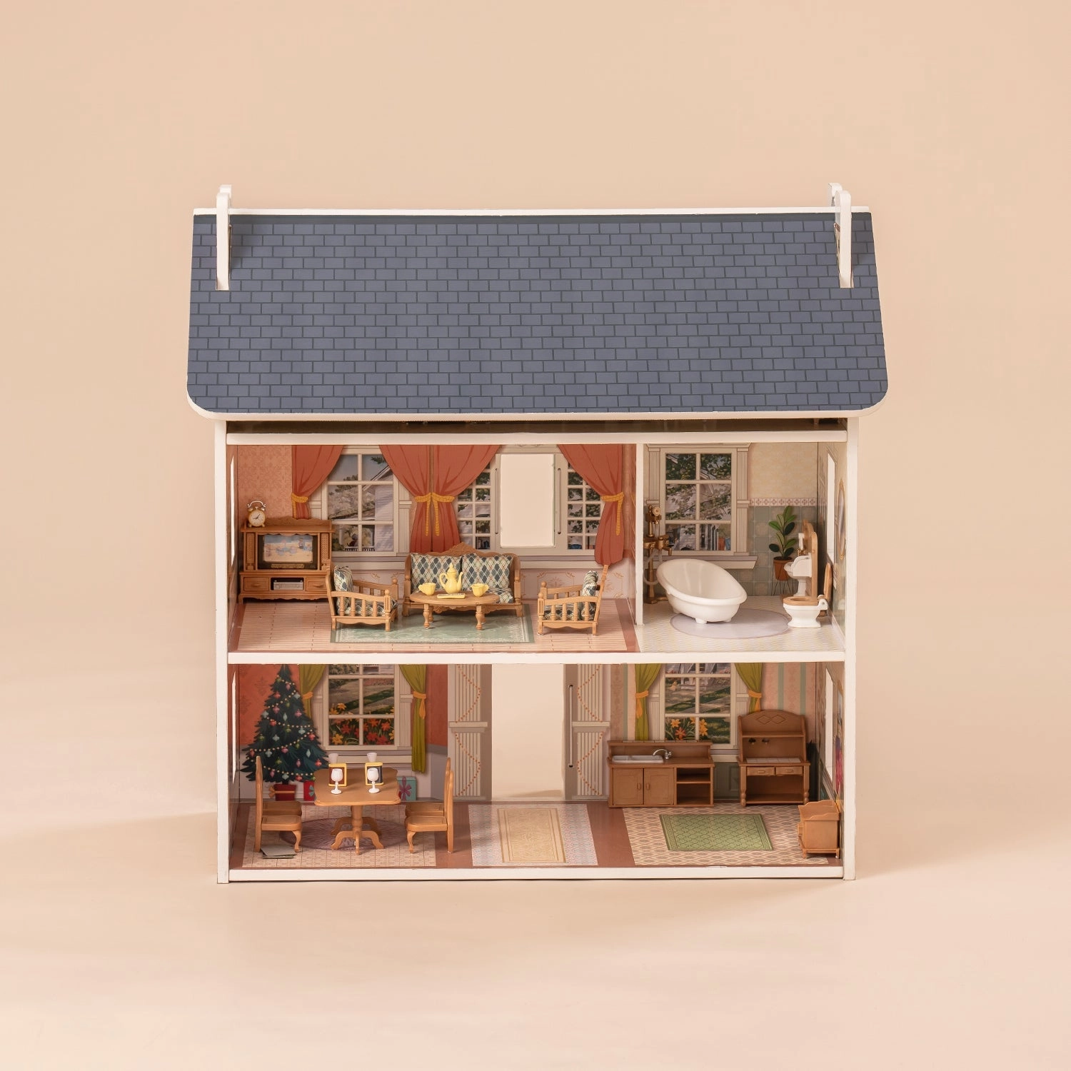 Rootz 3 in 1 Wooden Dollhouse - Dreamhouse for Kids - Toddler Playhouse - Versatile Play Options - DIY Accessories Set - Exquisite & Realistic Furniture - 76 x 51 x 63.5 cm - 100% Real Wood