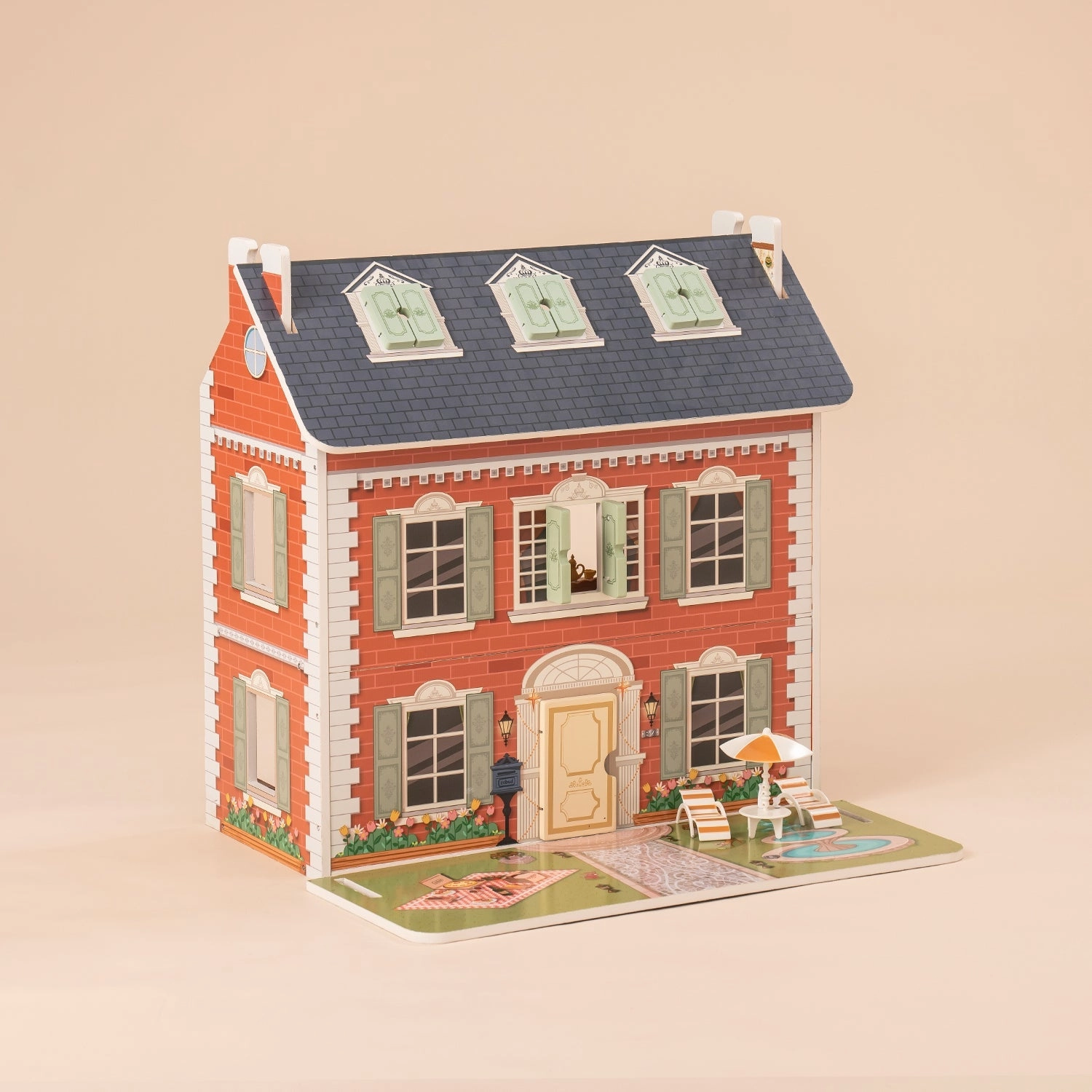 Rootz 3 in 1 Wooden Dollhouse - Dreamhouse for Kids - Toddler Playhouse - Versatile Play Options - DIY Accessories Set - Exquisite & Realistic Furniture - 76 x 51 x 63.5 cm - 100% Real Wood