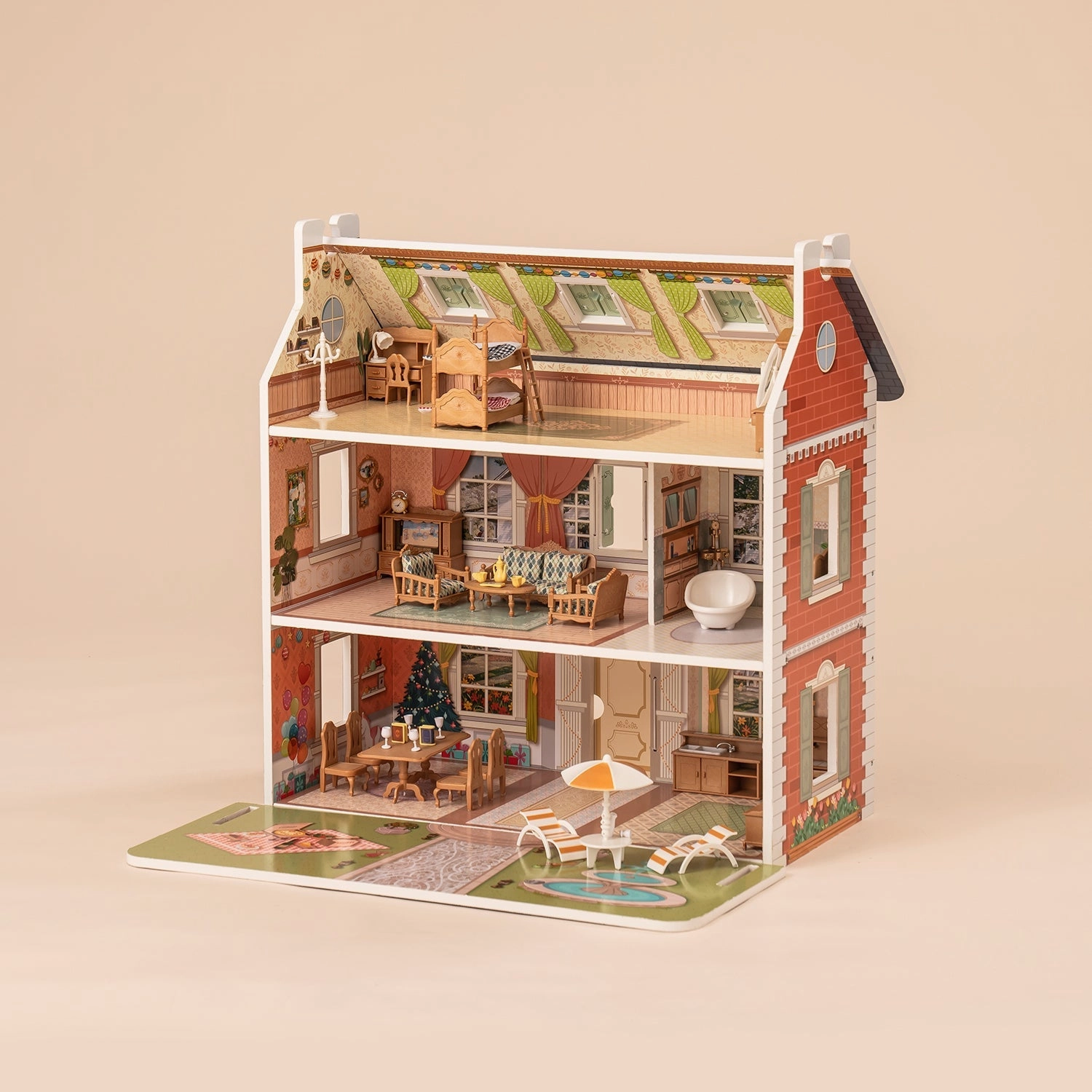Rootz 3 in 1 Wooden Dollhouse - Dreamhouse for Kids - Toddler Playhouse - Versatile Play Options - DIY Accessories Set - Exquisite & Realistic Furniture - 76 x 51 x 63.5 cm - 100% Real Wood