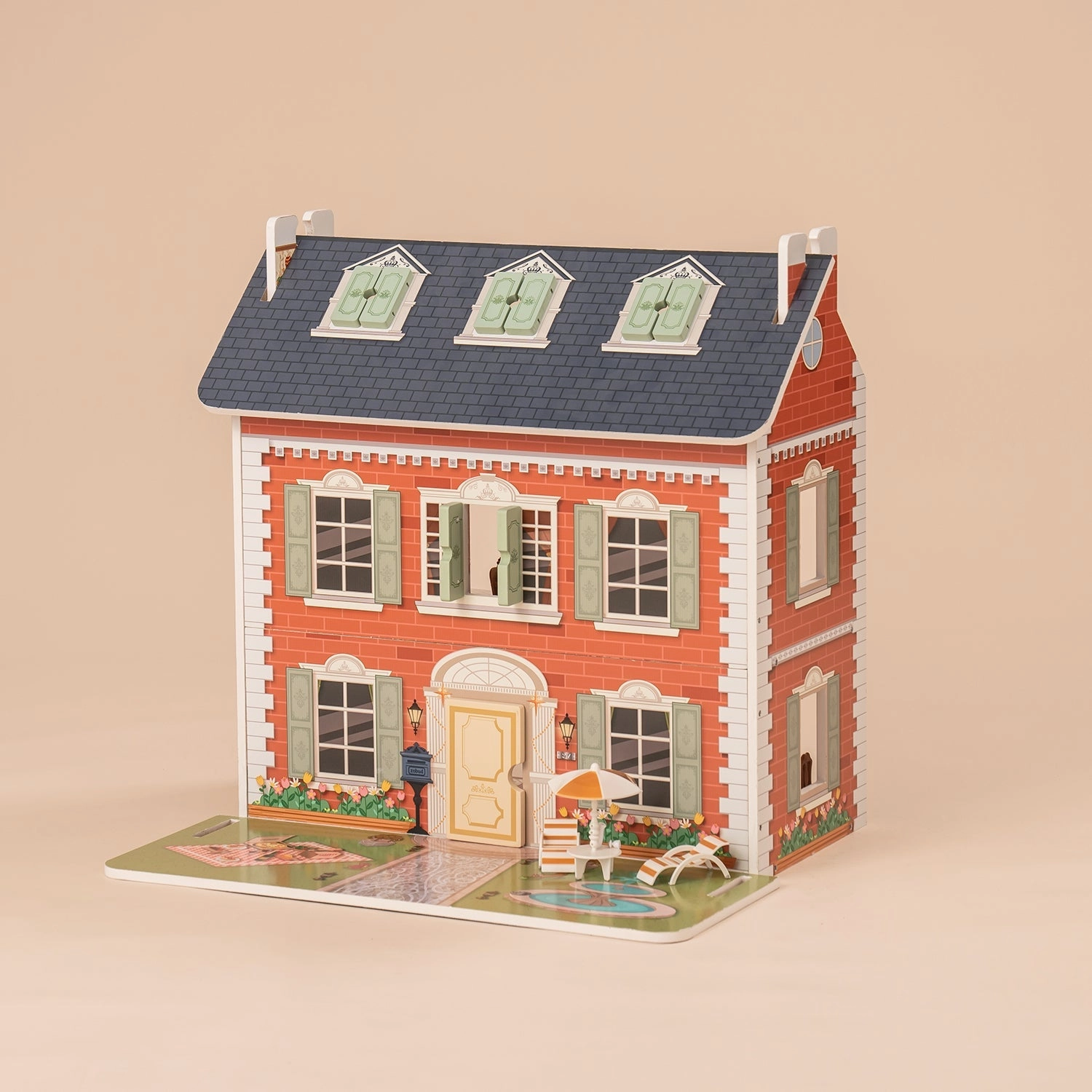 Rootz 3 in 1 Wooden Dollhouse - Dreamhouse for Kids - Toddler Playhouse - Versatile Play Options - DIY Accessories Set - Exquisite & Realistic Furniture - 76 x 51 x 63.5 cm - 100% Real Wood